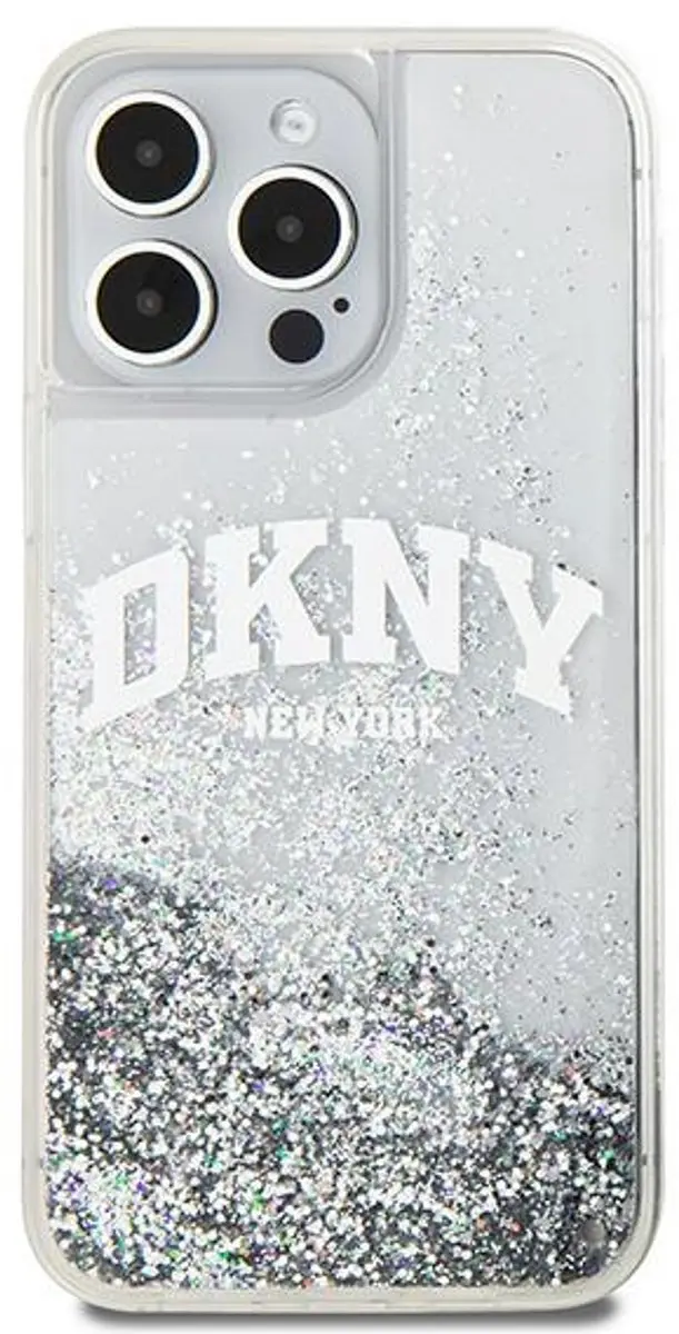 DKNY Liquid Glitter Arch Logo Back Case - iPhone 15 Pro DKHCP15LLBNAET - Wit/Zilver