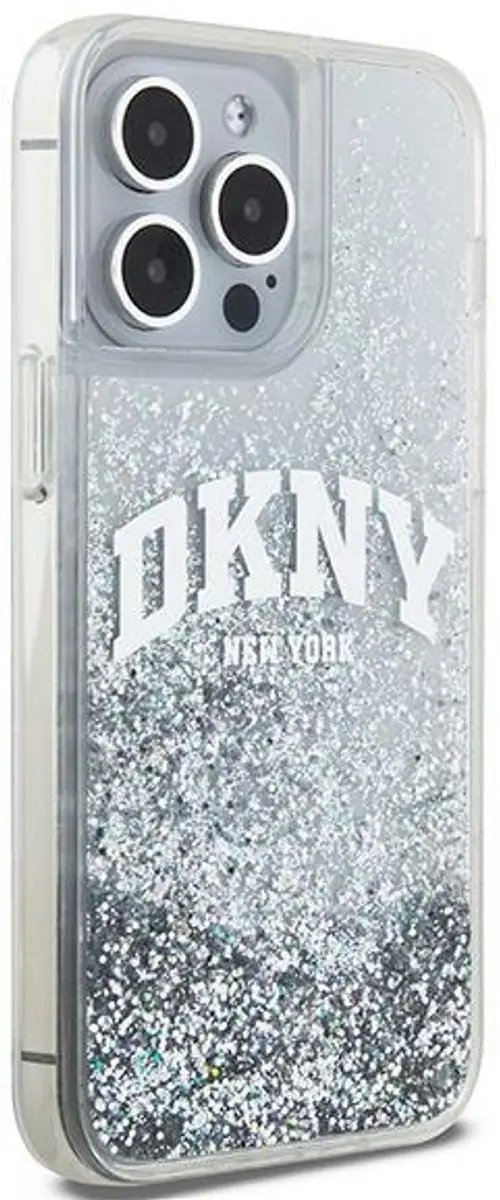 DKNY Liquid Glitter Arch Logo Back Case - iPhone 15 Pro DKHCP15LLBNAET - Wit/Zilver