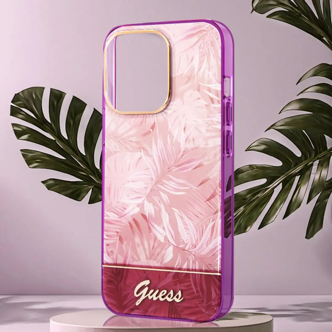 GUESS iPhone 14 Pro Max Hoesje - Roze Jungle - MagSafe
