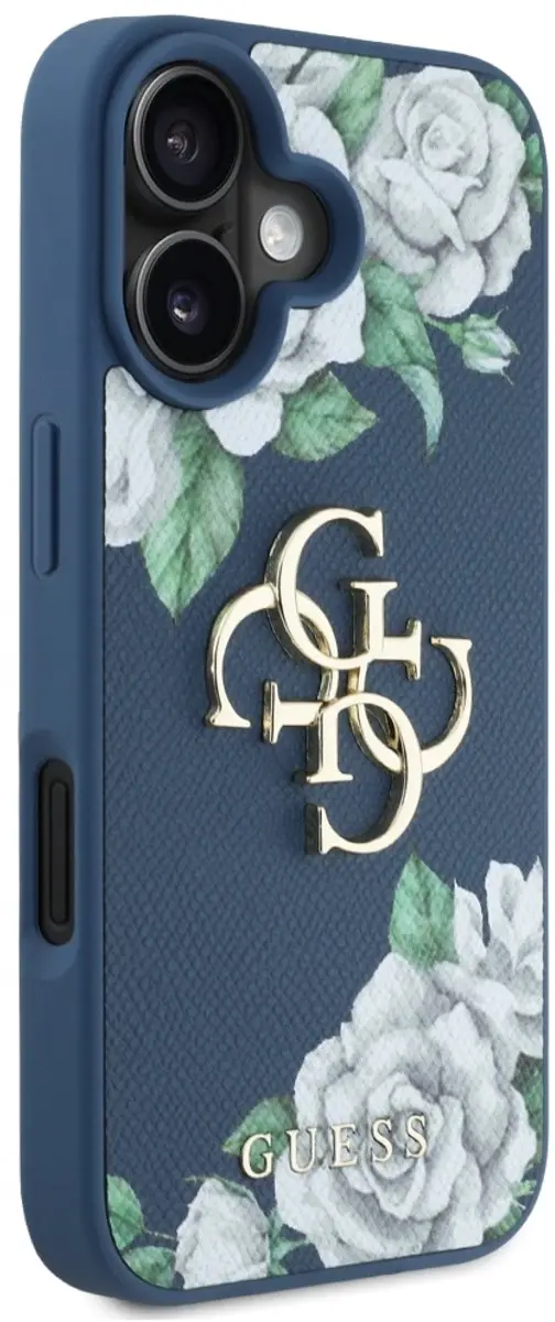 GUESS Grained Roses Big 4G Hoesje - iPhone 16 - Blauw