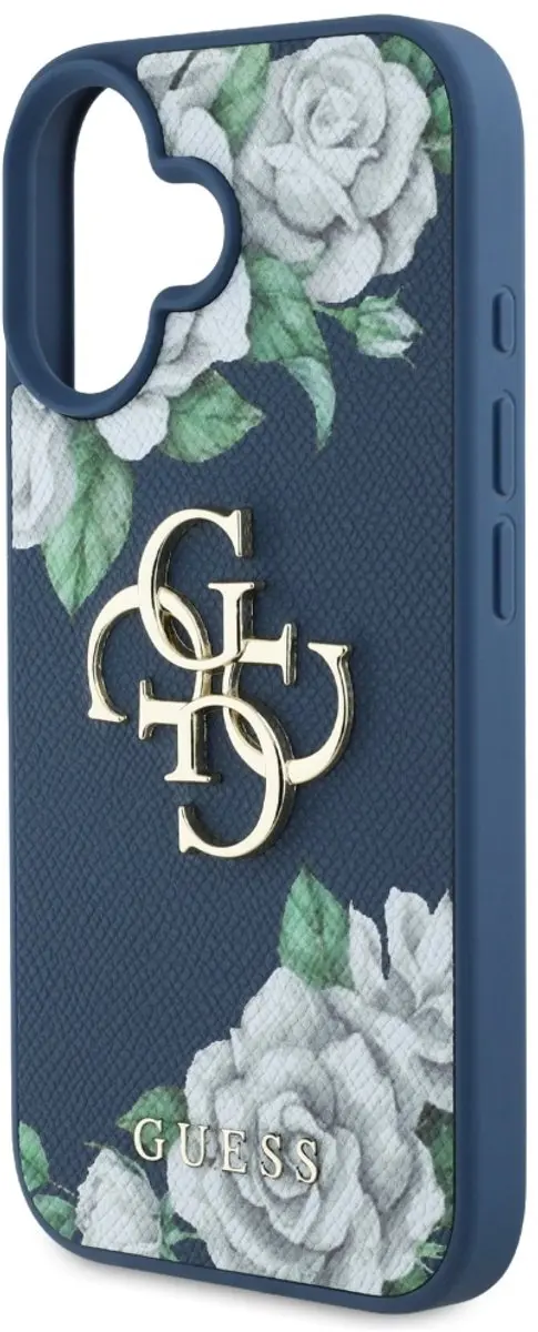 GUESS Grained Roses Big 4G Hoesje - iPhone 16 - Blauw