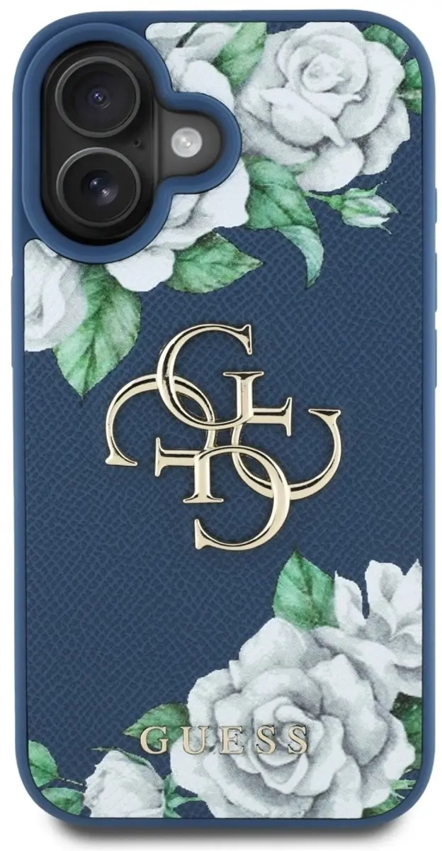 GUESS Grained Roses Big 4G Hoesje - iPhone 16 - Blauw