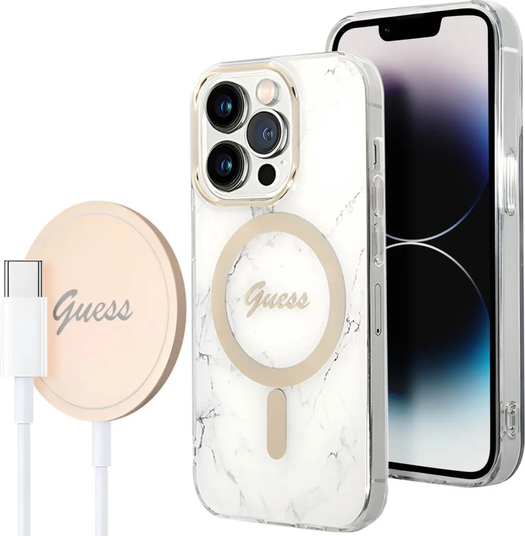 GUESS Hoes iPhone 14 Pro Marmerdessin Wit - Qi Magsafe 15W