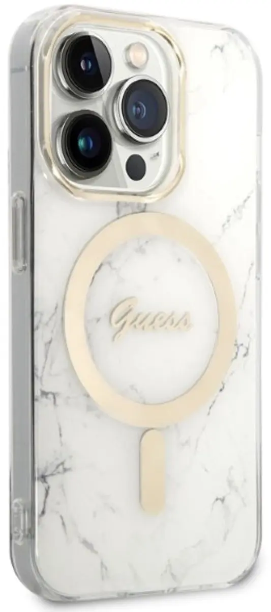 GUESS Hoes iPhone 14 Pro Marmerdessin Wit - Qi Magsafe 15W