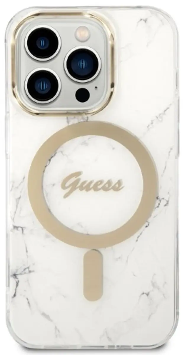 GUESS Hoes iPhone 14 Pro Marmerdessin Wit - Qi Magsafe 15W