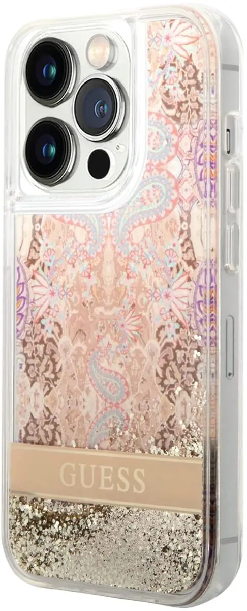 Guess Paisley Liquid Glitter Back Case - iPhone 14 Pro Max - Goud