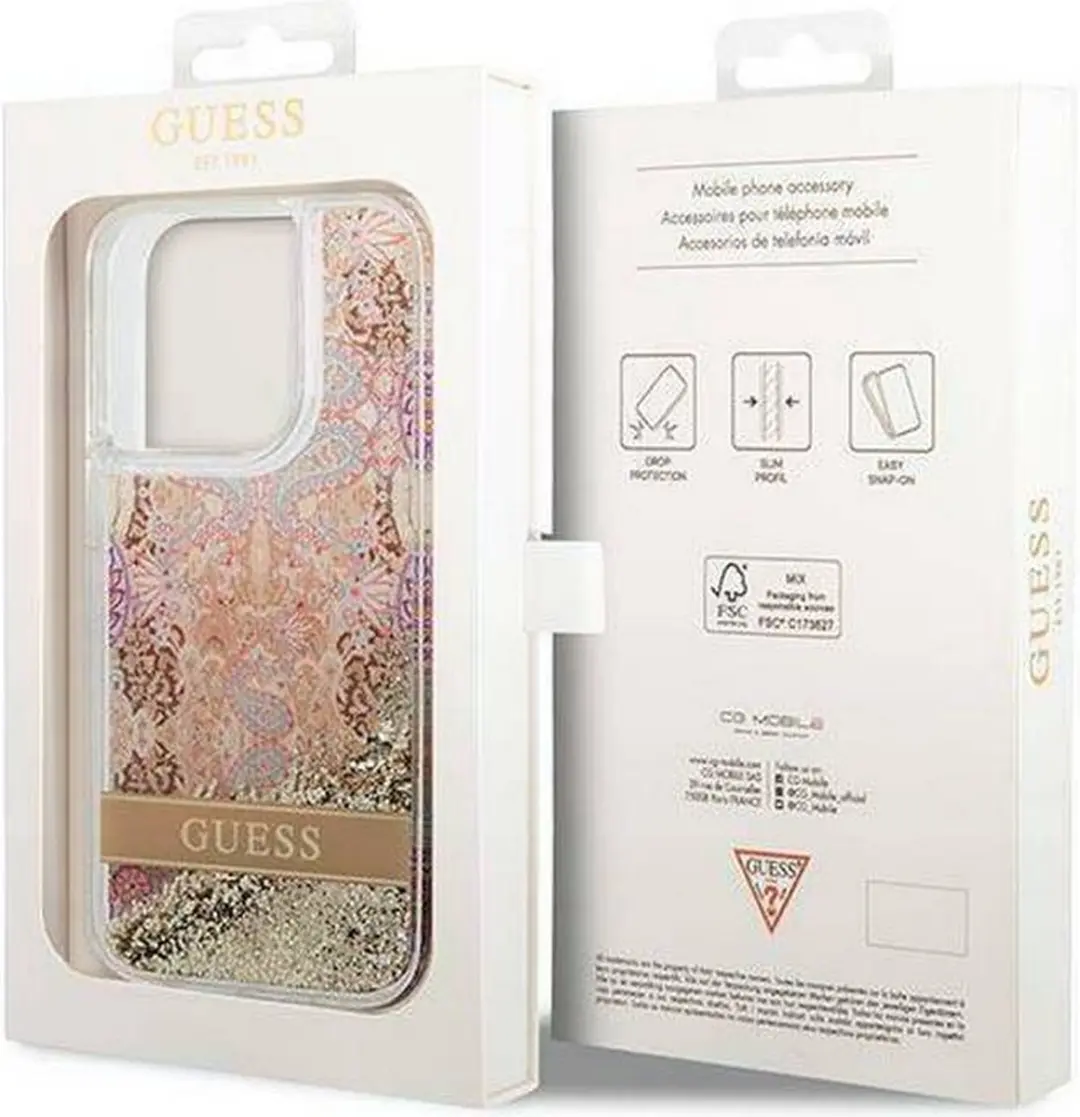 Guess Paisley Liquid Glitter Back Case - iPhone 14 Pro Max - Goud
