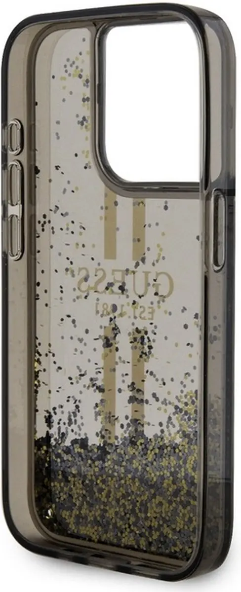 GUESS Liquid Glitter Gold Stripe Hoesje - iPhone 15 Pro - Zwart