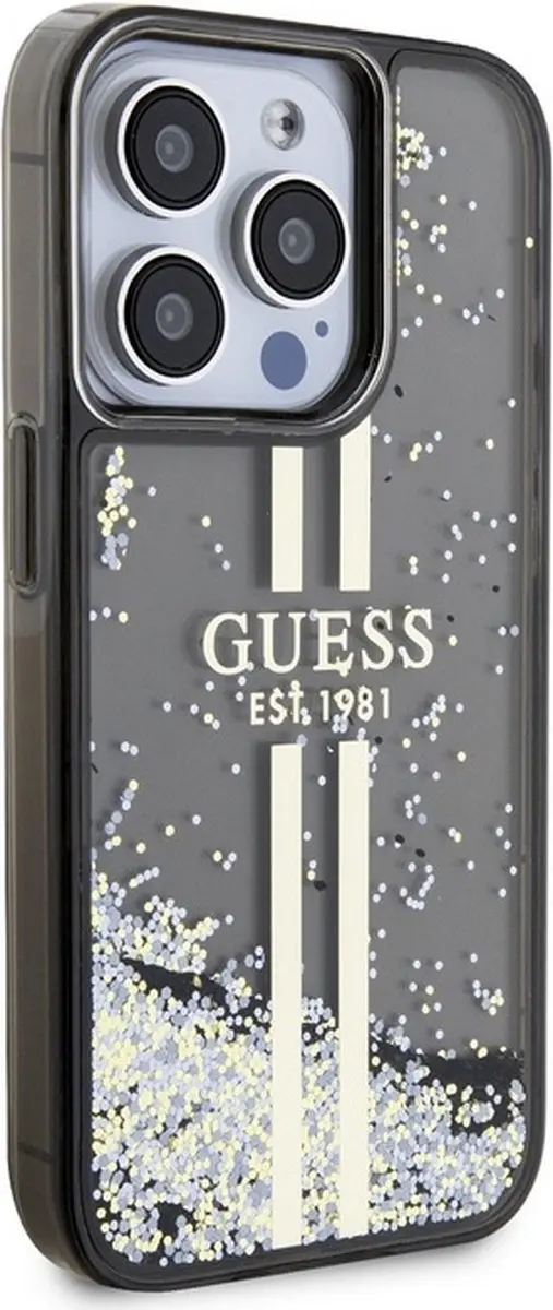 GUESS Liquid Glitter Gold Stripe Hoesje - iPhone 15 Pro - Zwart