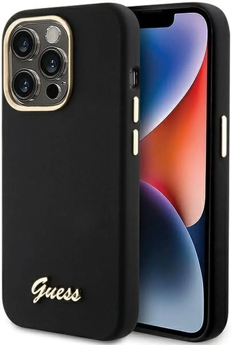 GUESS Siliconen Script Metal Logo iPhone 15 Pro Hoesje - Zwart