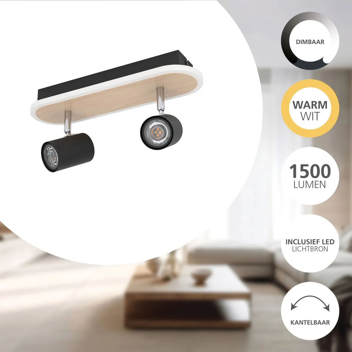 Eglo Rimbocchi Spot LED 34cm - Zwart/Bruin - Dimbaar