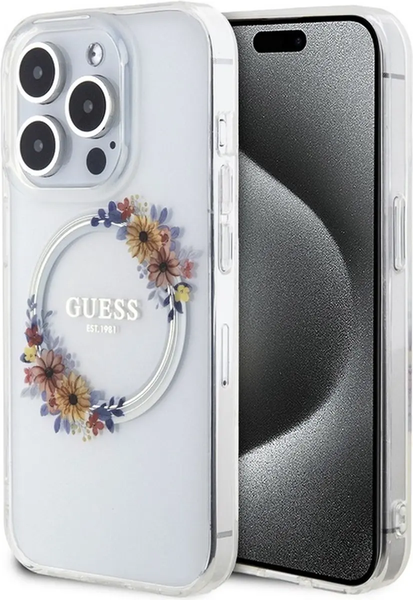 GUESS Glossy Ring Back Case MagSafe iPhone 15 Pro Max - Transparant
