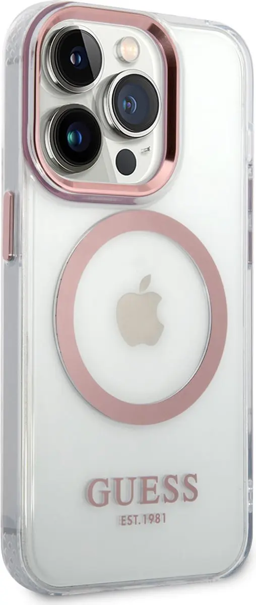 GUESS iPhone 14 Pro Max TPU Back Cover MagSafe - Roze Transparant
