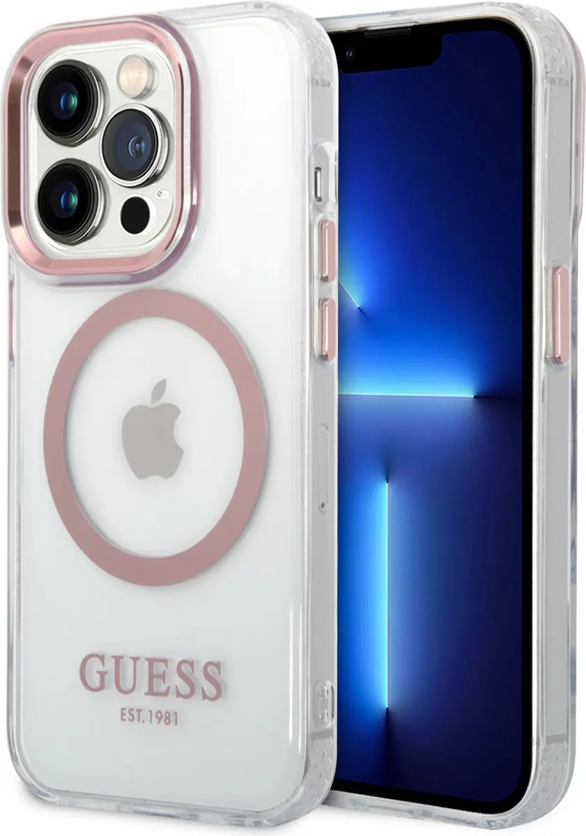 GUESS iPhone 14 Pro Max TPU Back Cover MagSafe - Roze Transparant