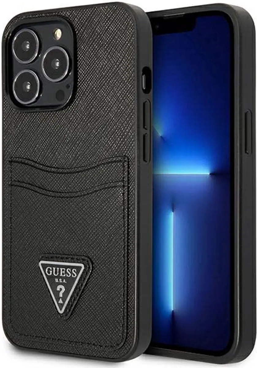 Guess Saffiano Double Card Hoesje iPhone 13 Pro - Zwart