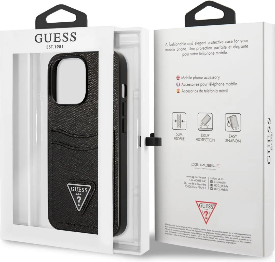 Guess Saffiano Double Card Hoesje iPhone 13 Pro - Zwart