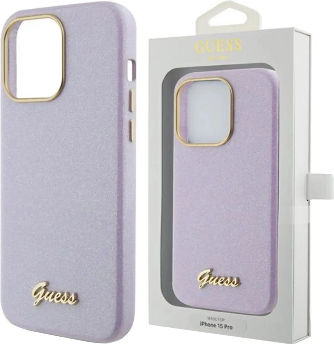 Guess Full Wrapped Glitter Back Case iPhone 15 - Paars - afbeelding 6 van 6