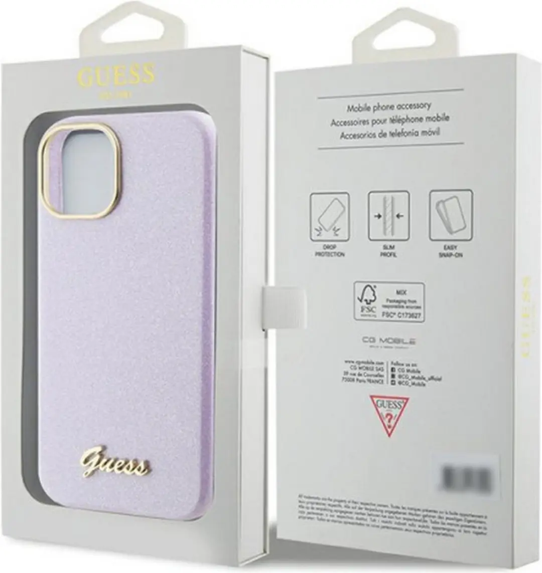 Guess Full Wrapped Glitter Back Case iPhone 15 - Paars