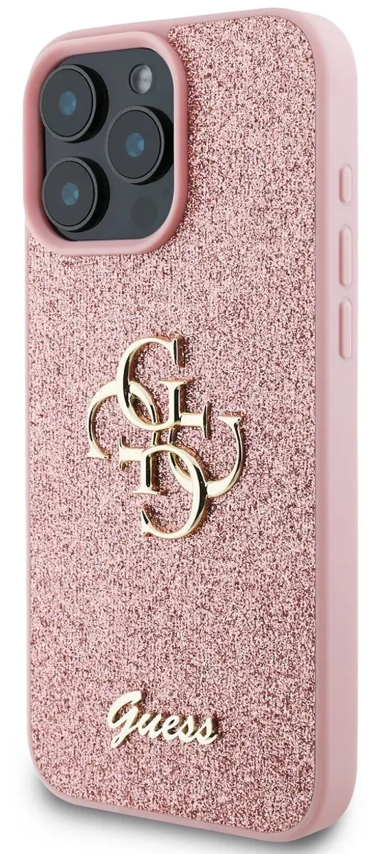 GUESS Hoesje iPhone 16 Pro Glitters & Metaal Logo Roze