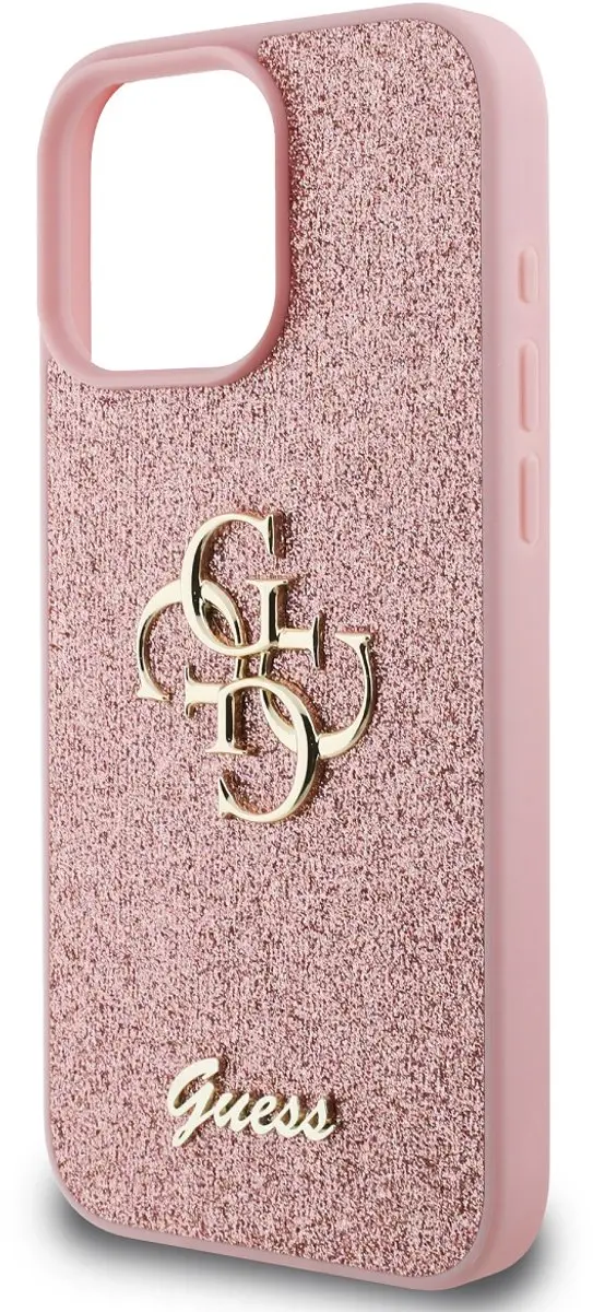 GUESS Hoesje iPhone 16 Pro Glitters & Metaal Logo Roze