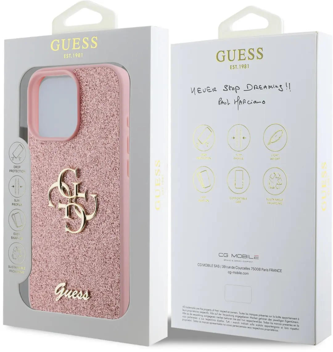 GUESS Hoesje iPhone 16 Pro Glitters & Metaal Logo Roze
