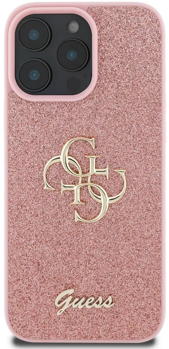 GUESS Hoesje iPhone 16 Pro Glitters & Metaal Logo Roze