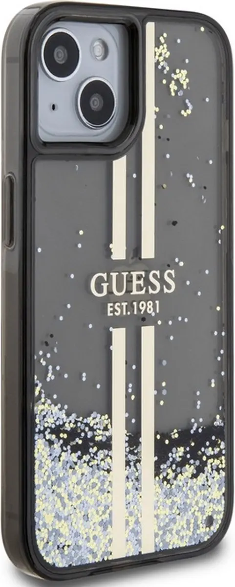 GUESS Liquid Glitter Gold Stripe Back Case - iPhone 15 - Zwart