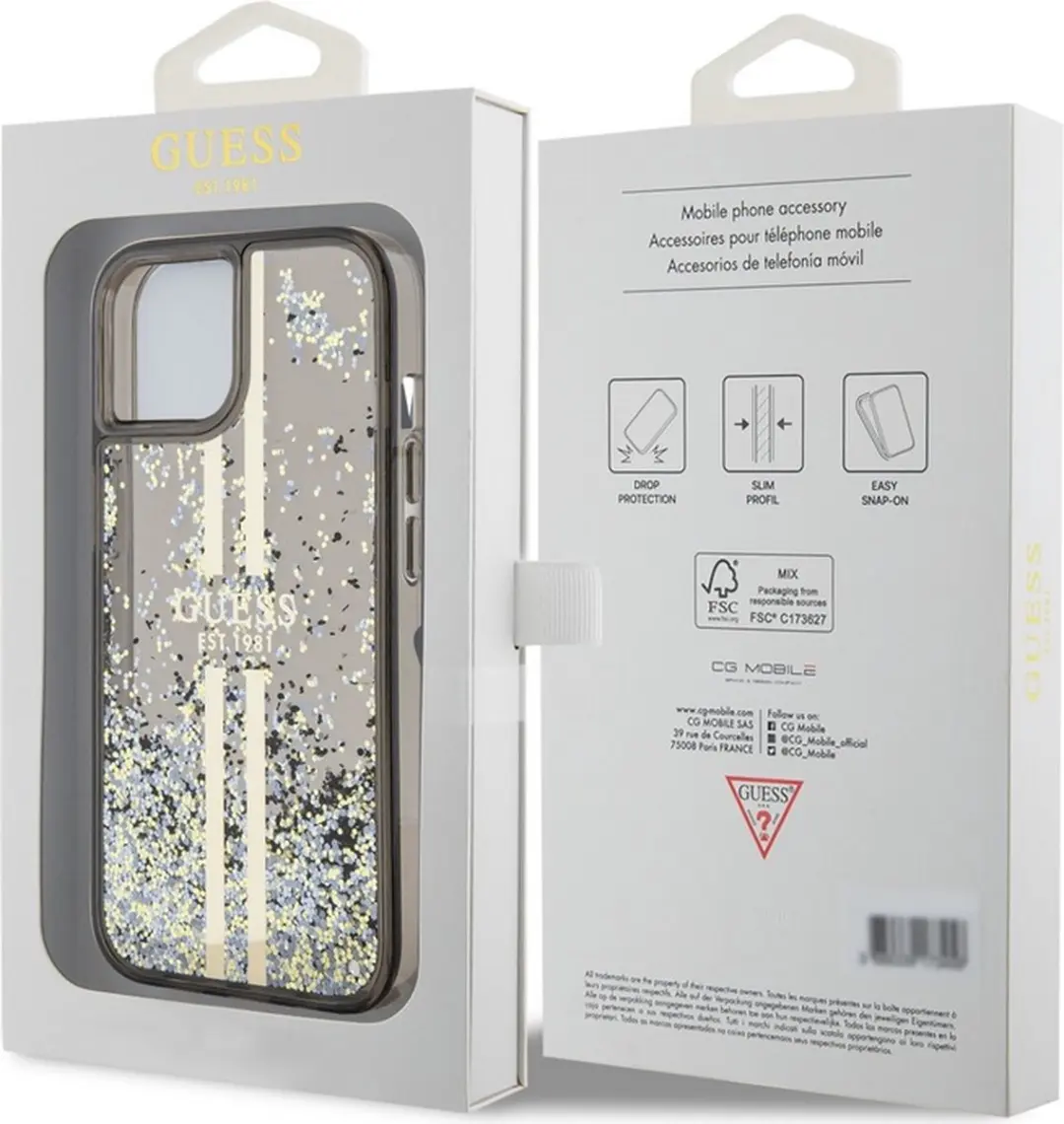 GUESS Liquid Glitter Gold Stripe Back Case - iPhone 15 - Zwart