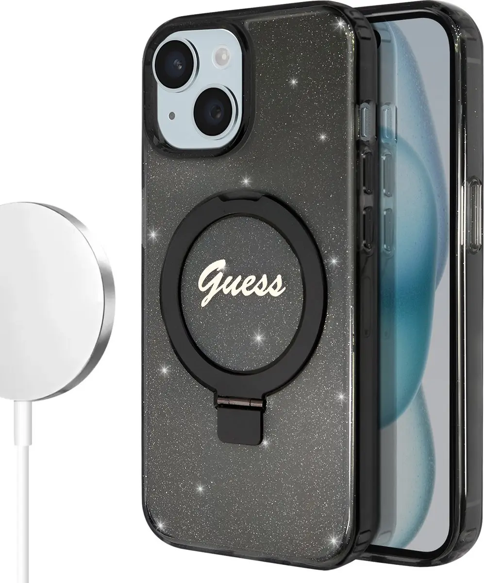 GUESS Ring Glitter Back Case - iPhone 15 MagSafe - Zwart