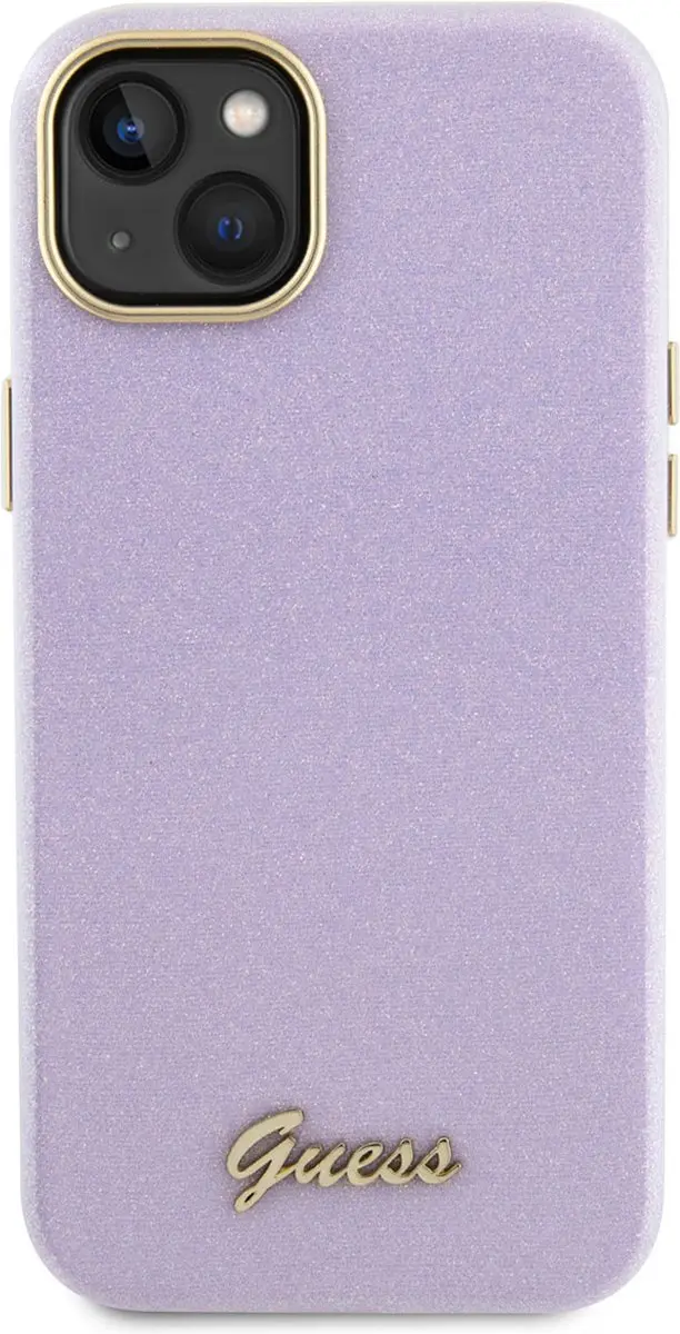 Guess iPhone 15 Plus TPU Hoesje - Lila Glitter Glossy Script
