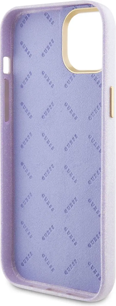 Guess iPhone 15 Plus TPU Hoesje - Lila Glitter Glossy Script