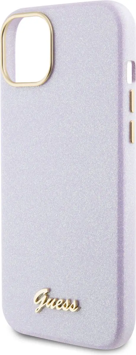 Guess iPhone 15 Plus TPU Hoesje - Lila Glitter Glossy Script