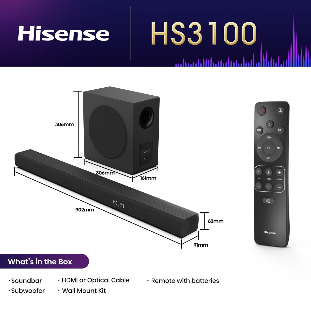 Hisense HS3100 soundbar luidspreker Zwart 3.1 kanalen 480 W