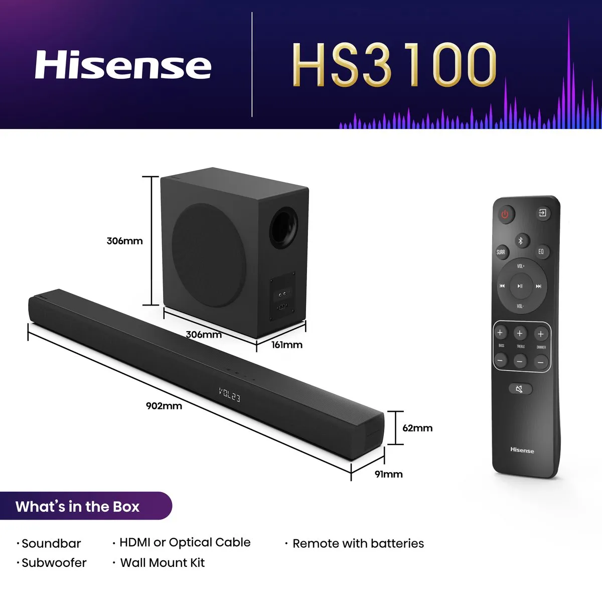 Hisense HS3100 Soundbar 3.1 - 480W - Zwart