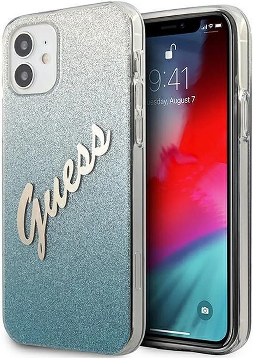 GUESS Hulle iPhone 12 Mini Hoesje - Blauw Glitter Gradient