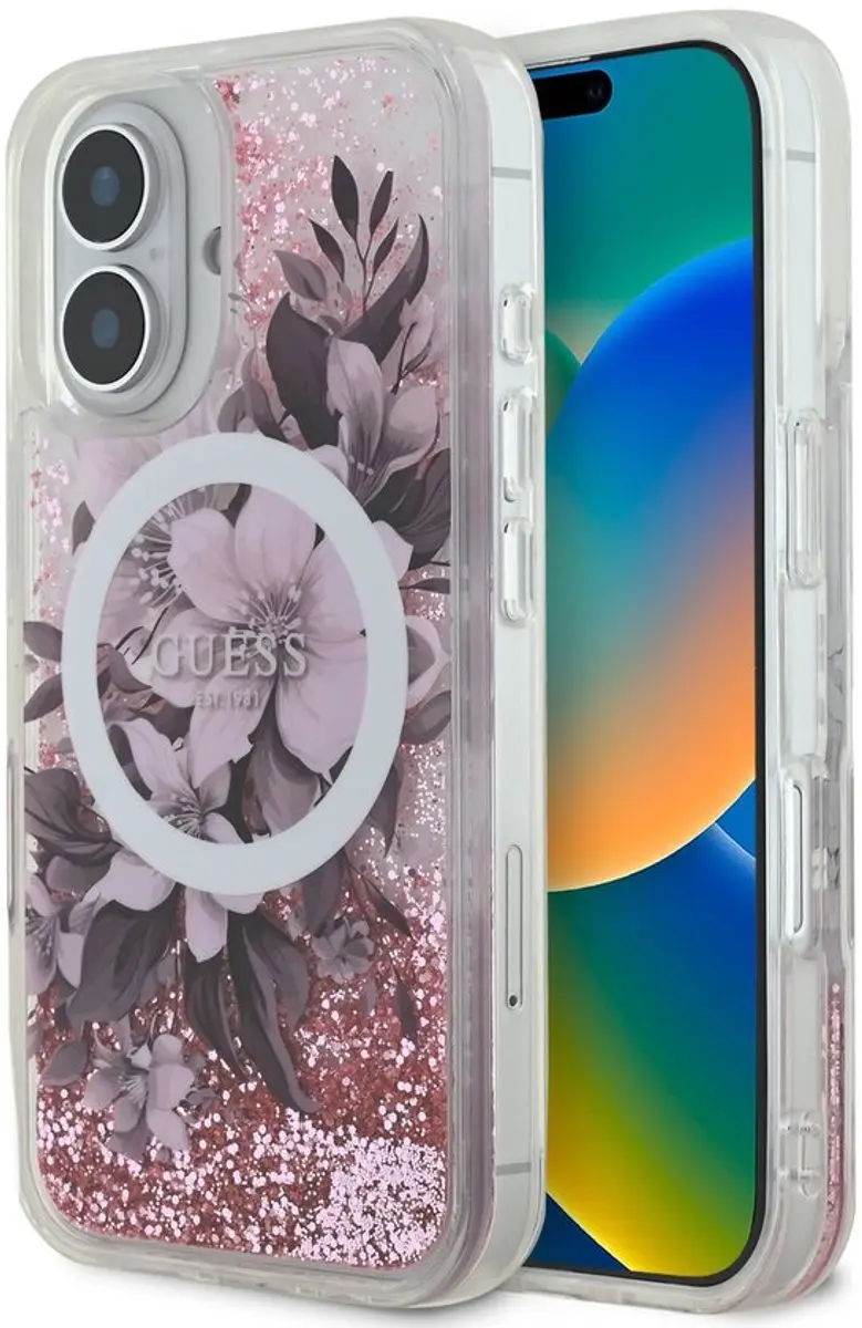GUESS iPhone 16 Hoesje Liquid Glitter Flower