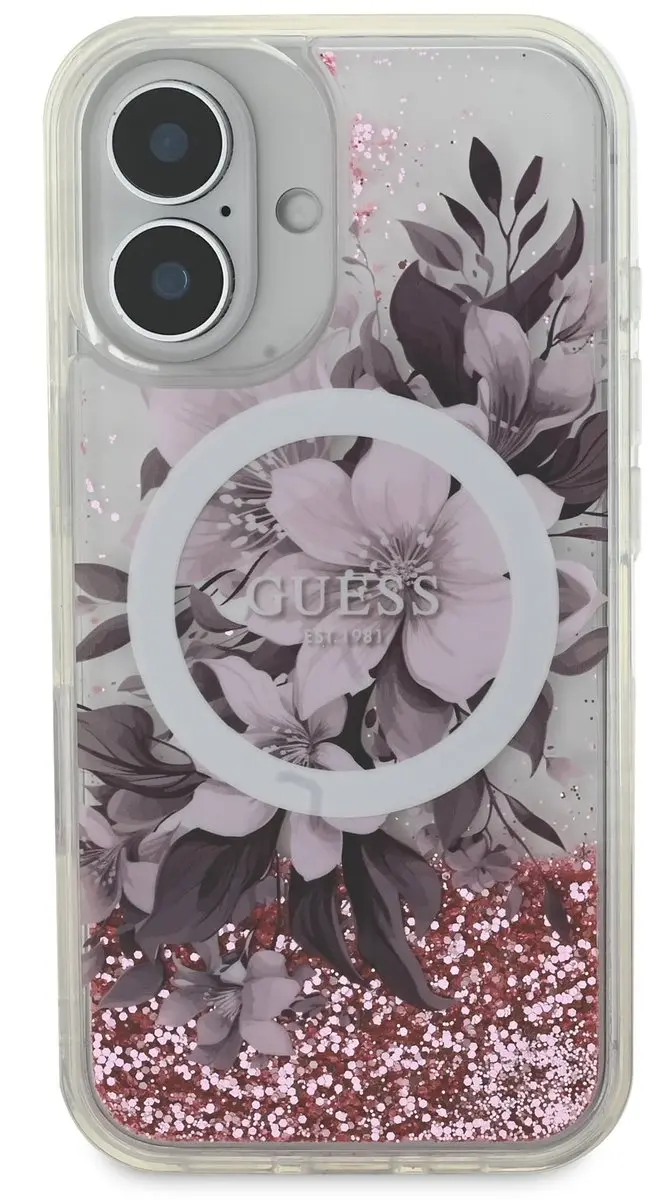 GUESS iPhone 16 Hoesje Liquid Glitter Flower - MagSafe - Roze
