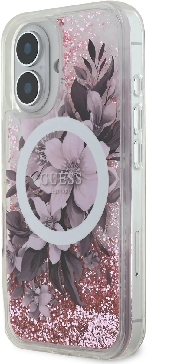 GUESS iPhone 16 Hoesje Liquid Glitter Flower - MagSafe - Roze