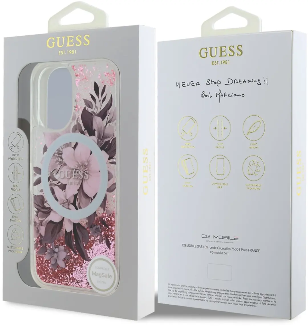GUESS iPhone 16 Hoesje Liquid Glitter Flower - MagSafe - Roze