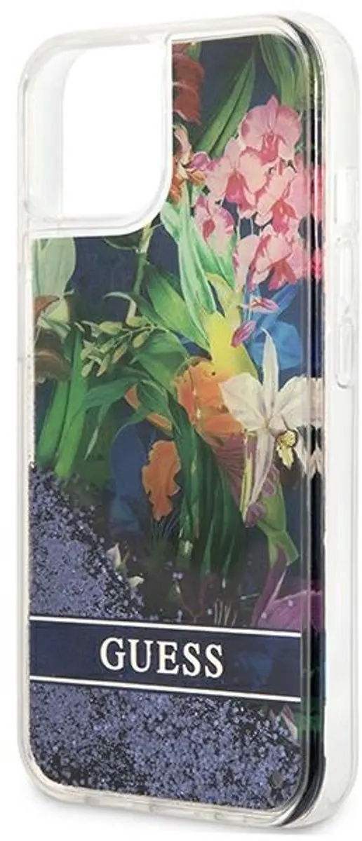 GUESS Flower Liquid Glitter iPhone 13 Mini Hoes - Blauw