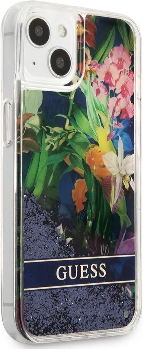 GUESS Flower Liquid Glitter iPhone 13 Mini Hoes - Blauw