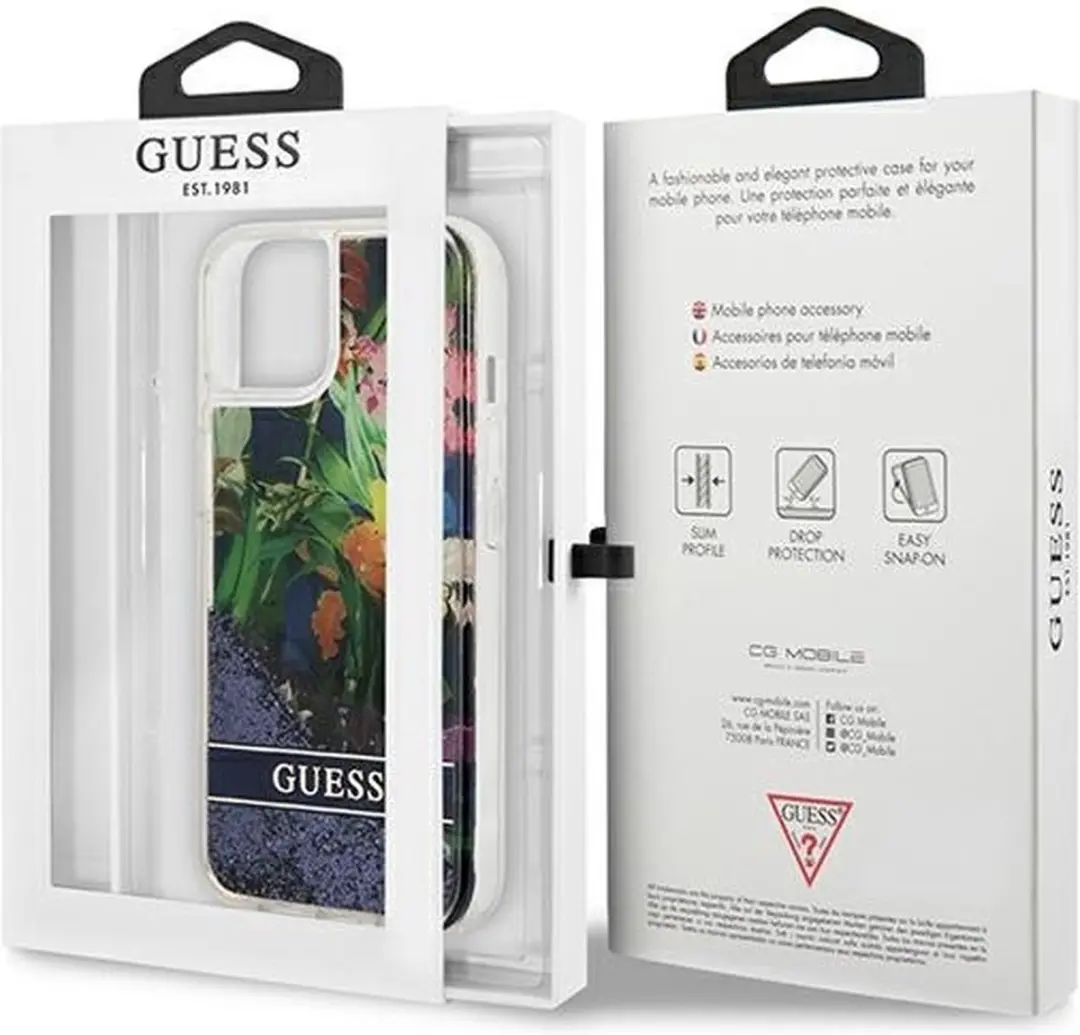 GUESS Flower Liquid Glitter iPhone 13 Mini Hoes - Blauw