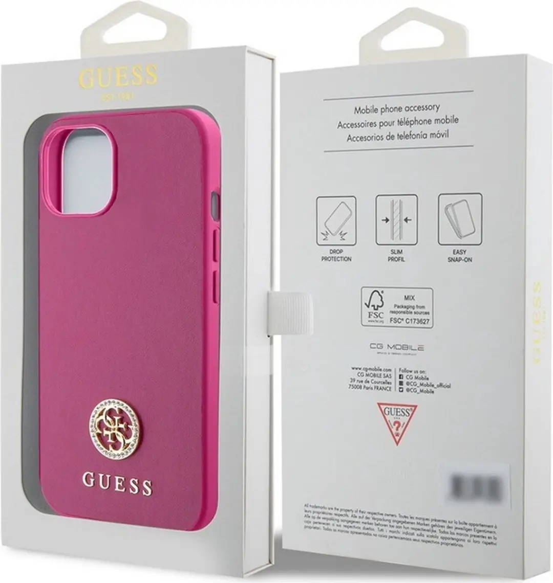 Guess 4G Strass Metal Logo Back Case - iPhone 15 Roze