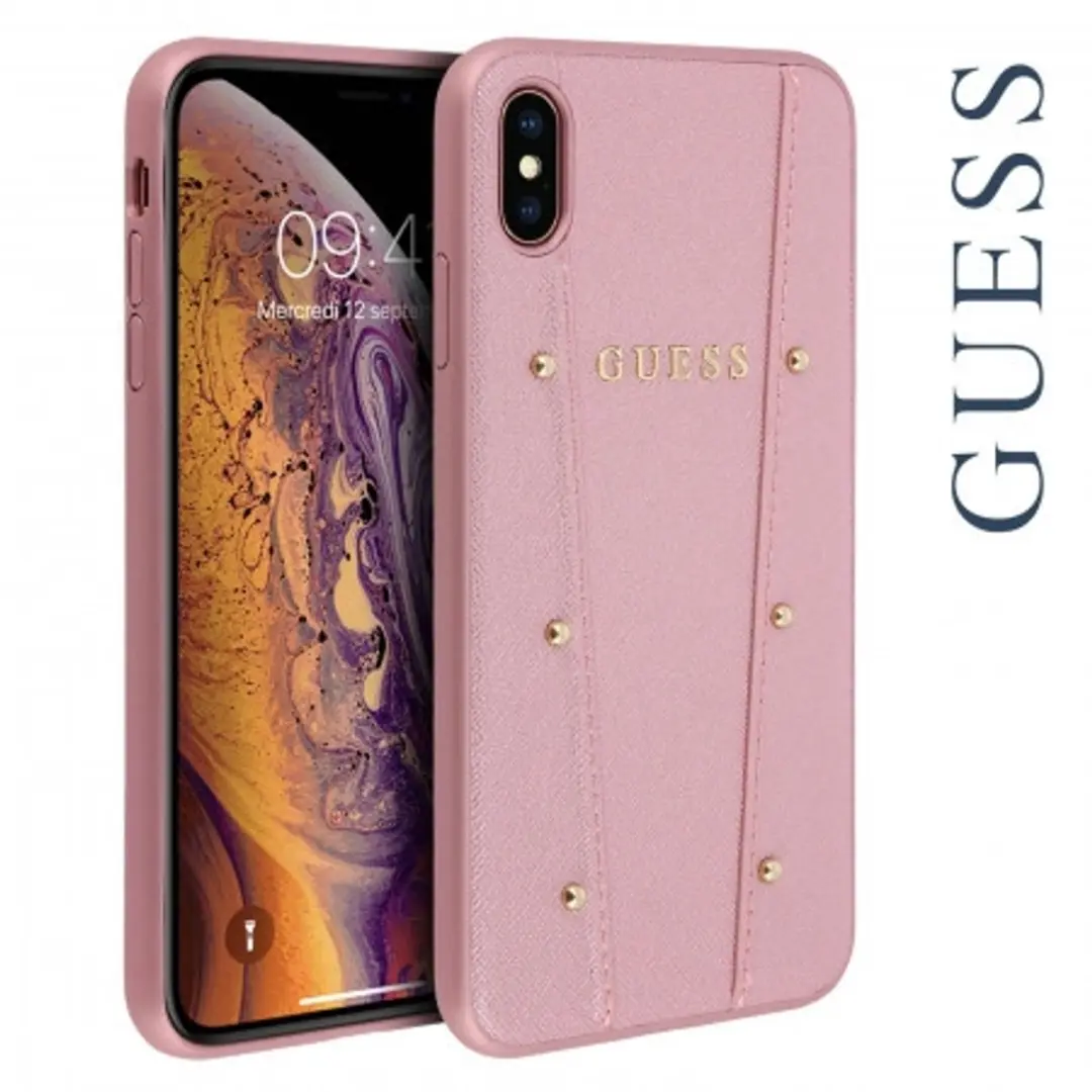 GUESS Hoesje iPhone Xs Max - Roze Goud - Leer met gouden studs