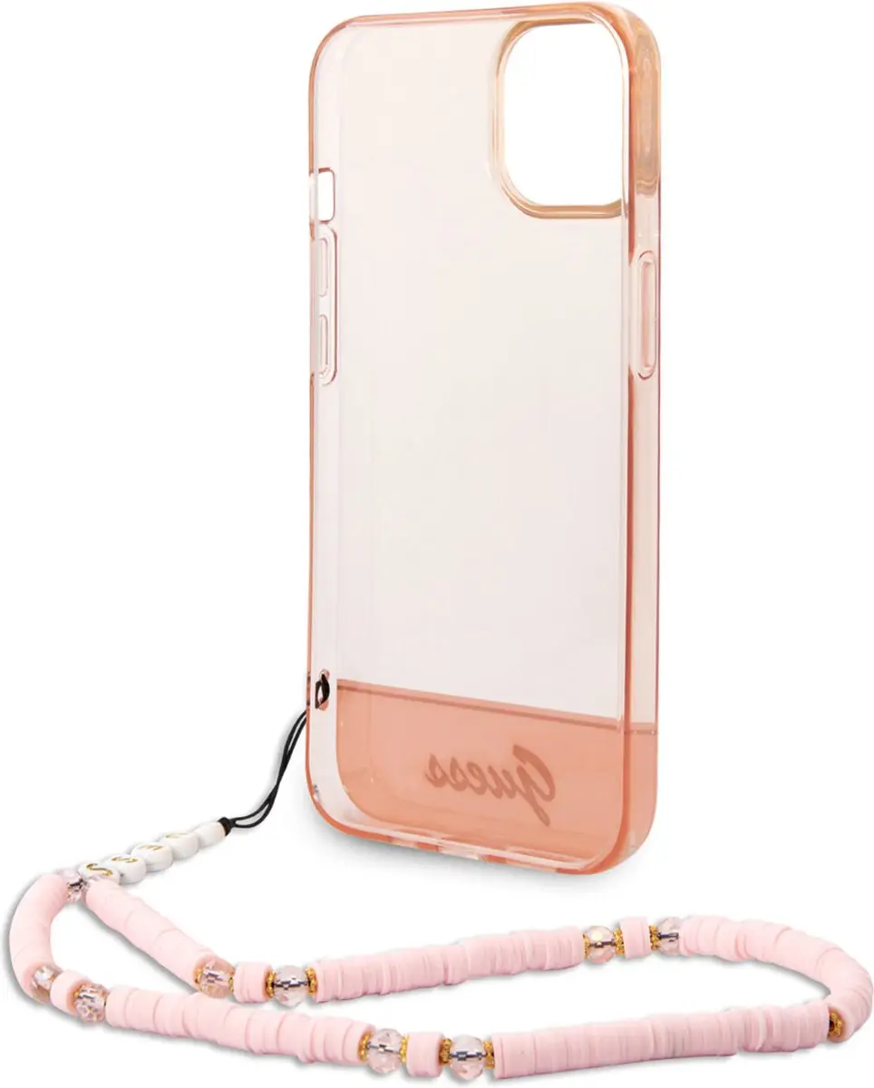 GUESS Transparante Roze TPU Back Cover iPhone 14 - Met koord