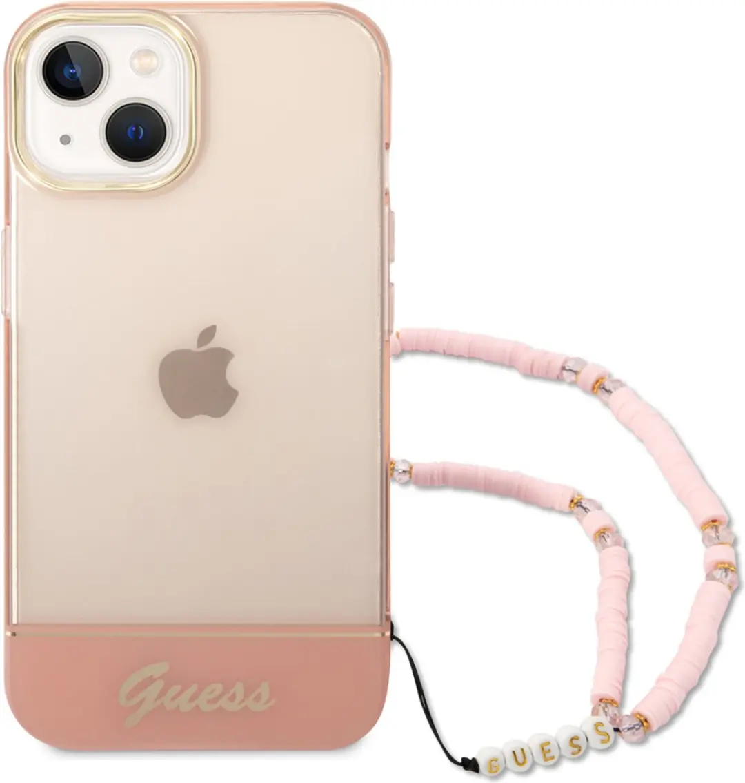 GUESS Transparante Roze TPU Back Cover iPhone 14 - Met koord
