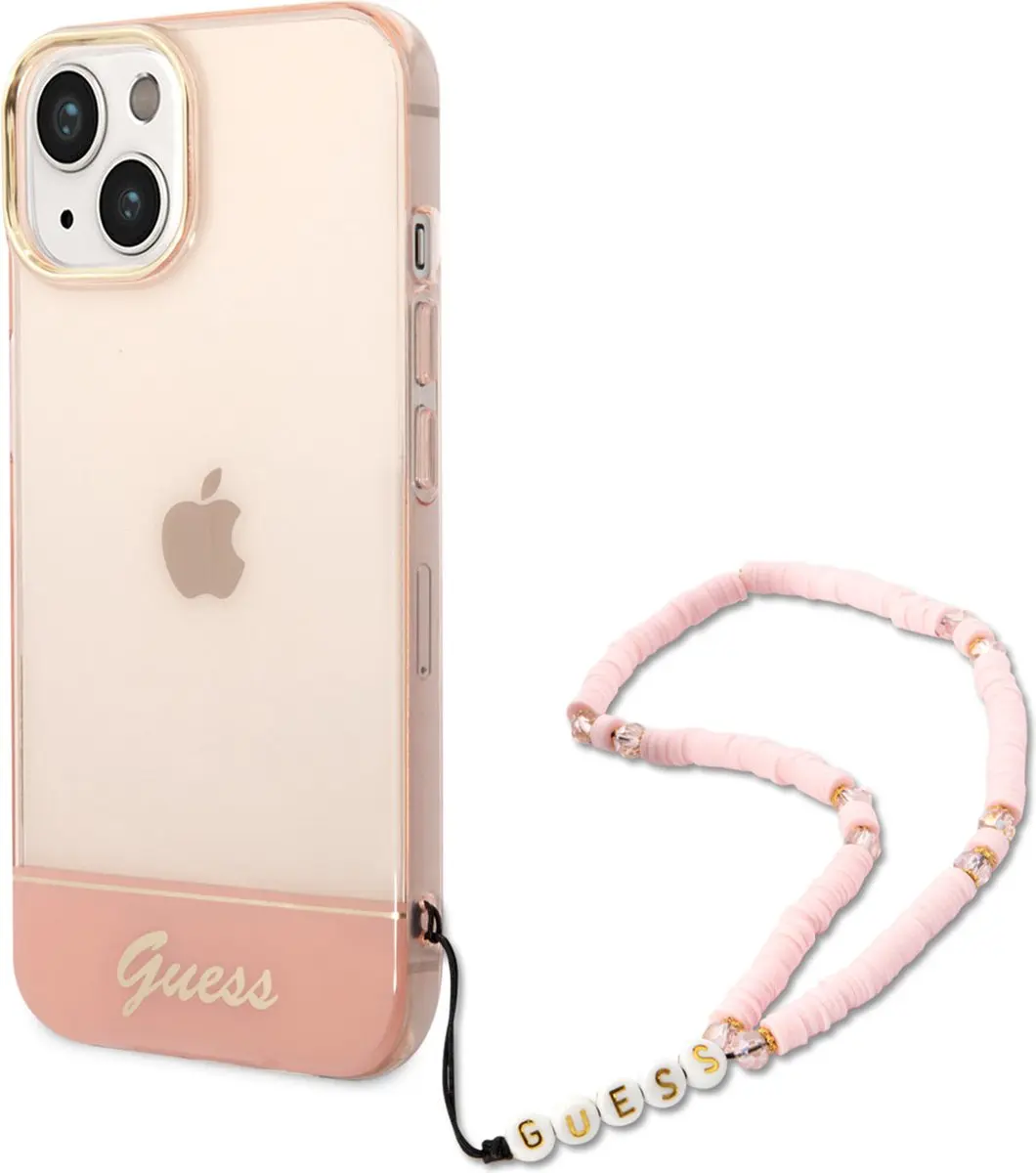 GUESS Transparante Roze TPU Back Cover iPhone 14 - Met koord