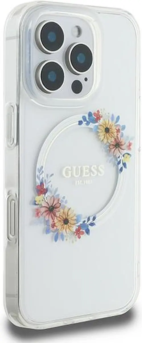 GUESS Backcover iPhone 16 Pro MagSafe IML Bloemenkrans - Transparant