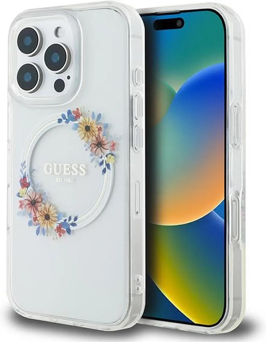 GUESS Backcover iPhone 16 Pro MagSafe IML Bloemenkrans - Transparant