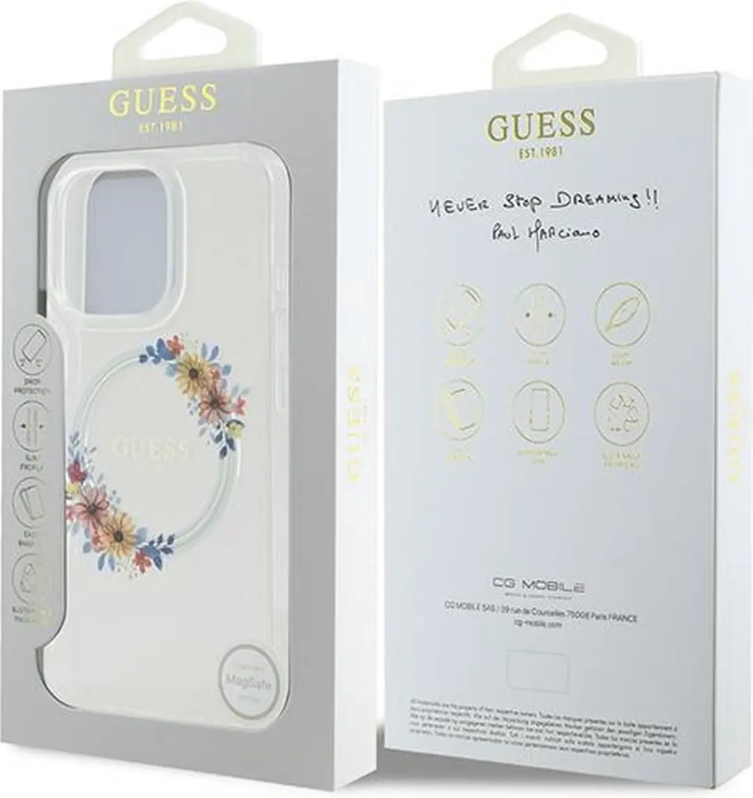 GUESS Backcover iPhone 16 Pro MagSafe IML Bloemenkrans - Transparant